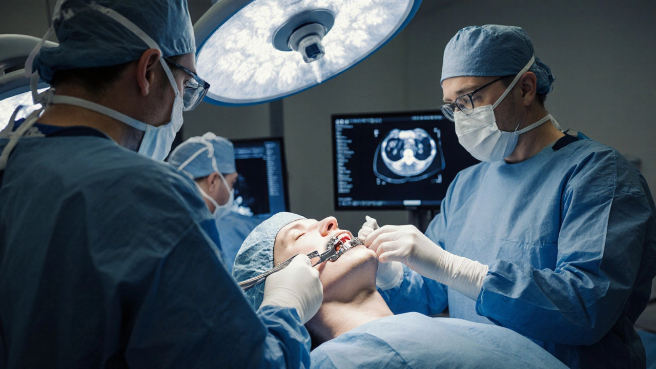 Chirurgové provádějí rekonstrukci čelisti pomocí 3D plánování a kovových desek v operační síni.