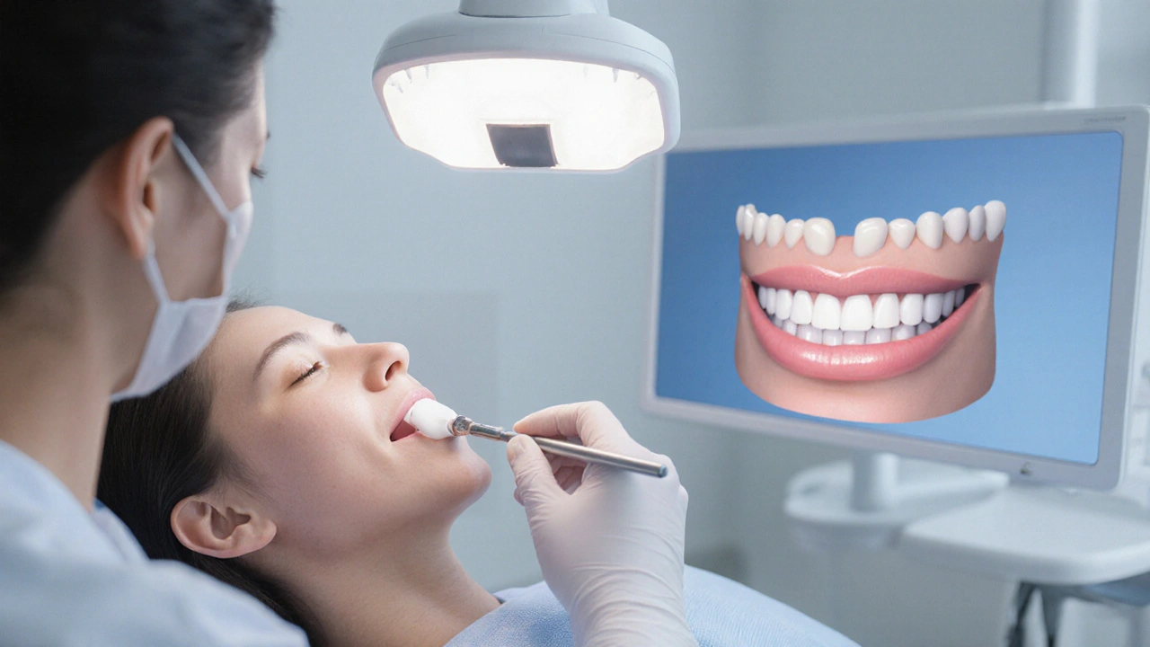 Dentista připevňuje keramickou fazetu na přední zub v klinice s digitálním modelem na obrazovce.