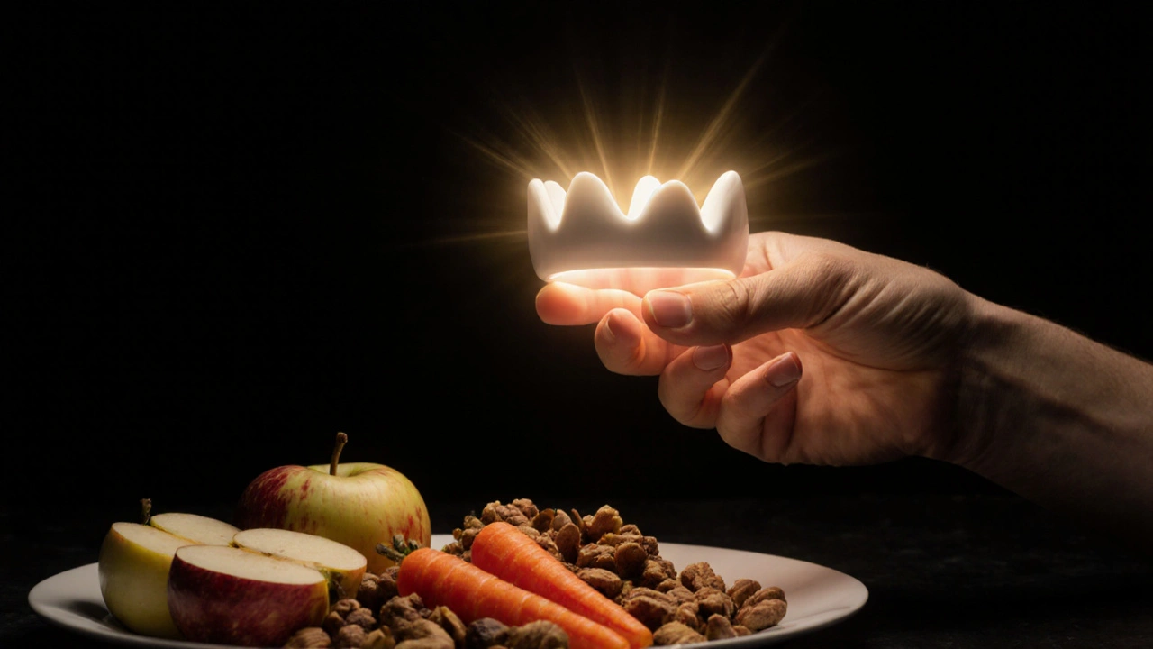Keramická korunka vedle tvrdých potravin, symbolizující obnovu schopnosti žvýkat a lepší trávení.