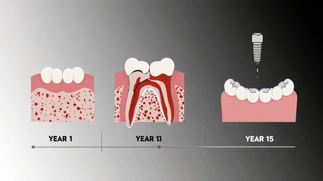Timeline showing dental bridge aging and replacement with implant