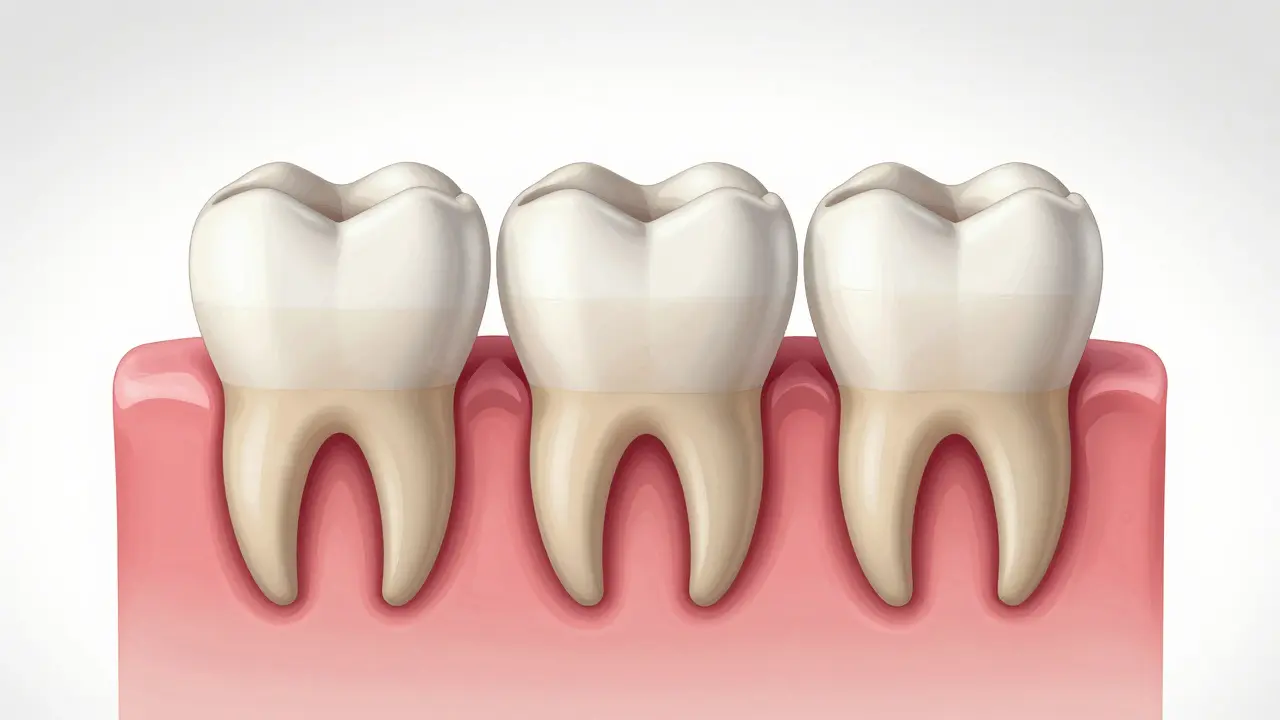 Anatomical illustration of three molars with labeled fissures and gum tissue.