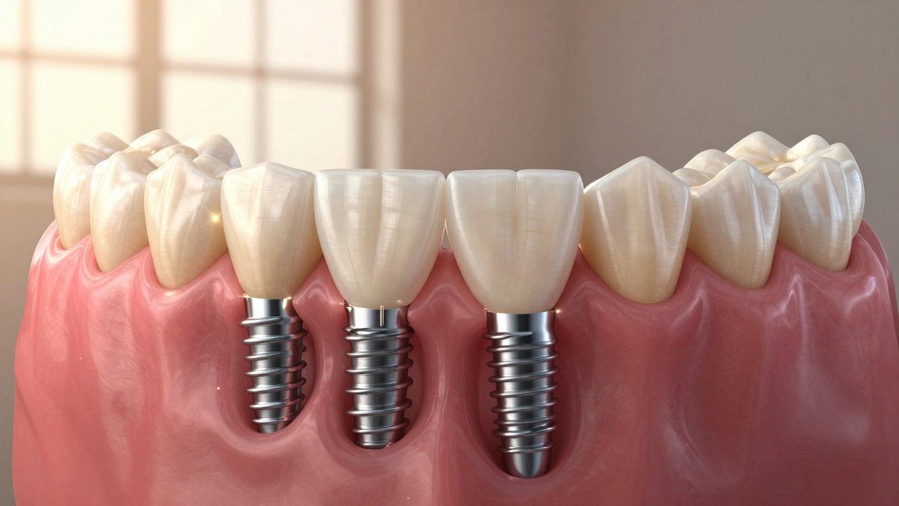 Cross-section of jaw with dental implants and ceramic crowns integrated into bone and gum tissue.