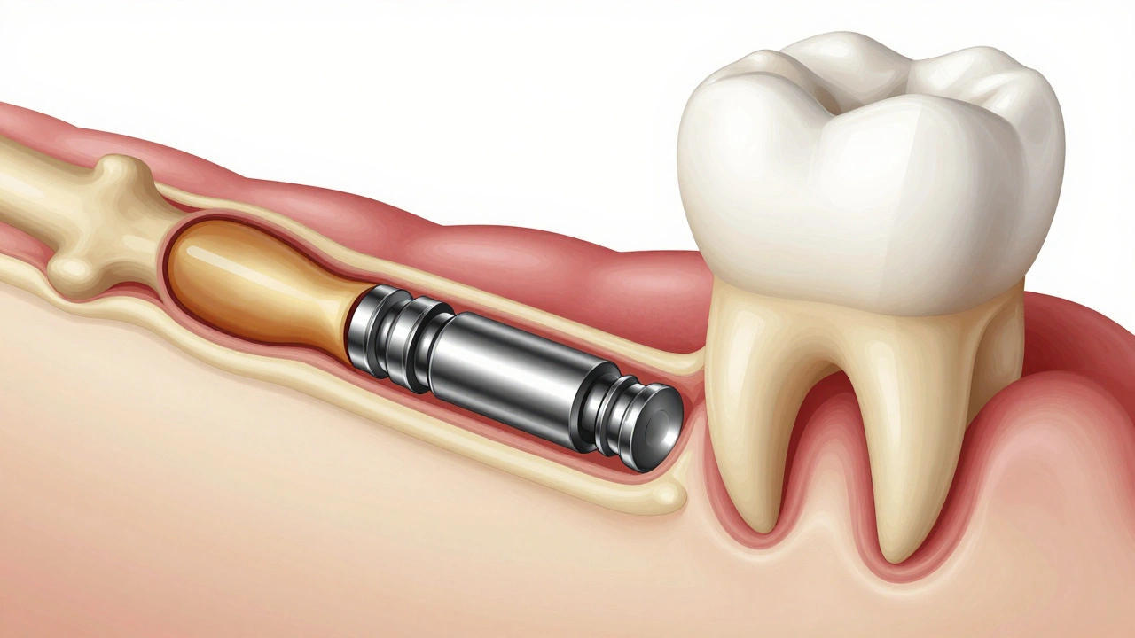 Cross-section of jawbone showing titanium implant fused with new bone tissue.