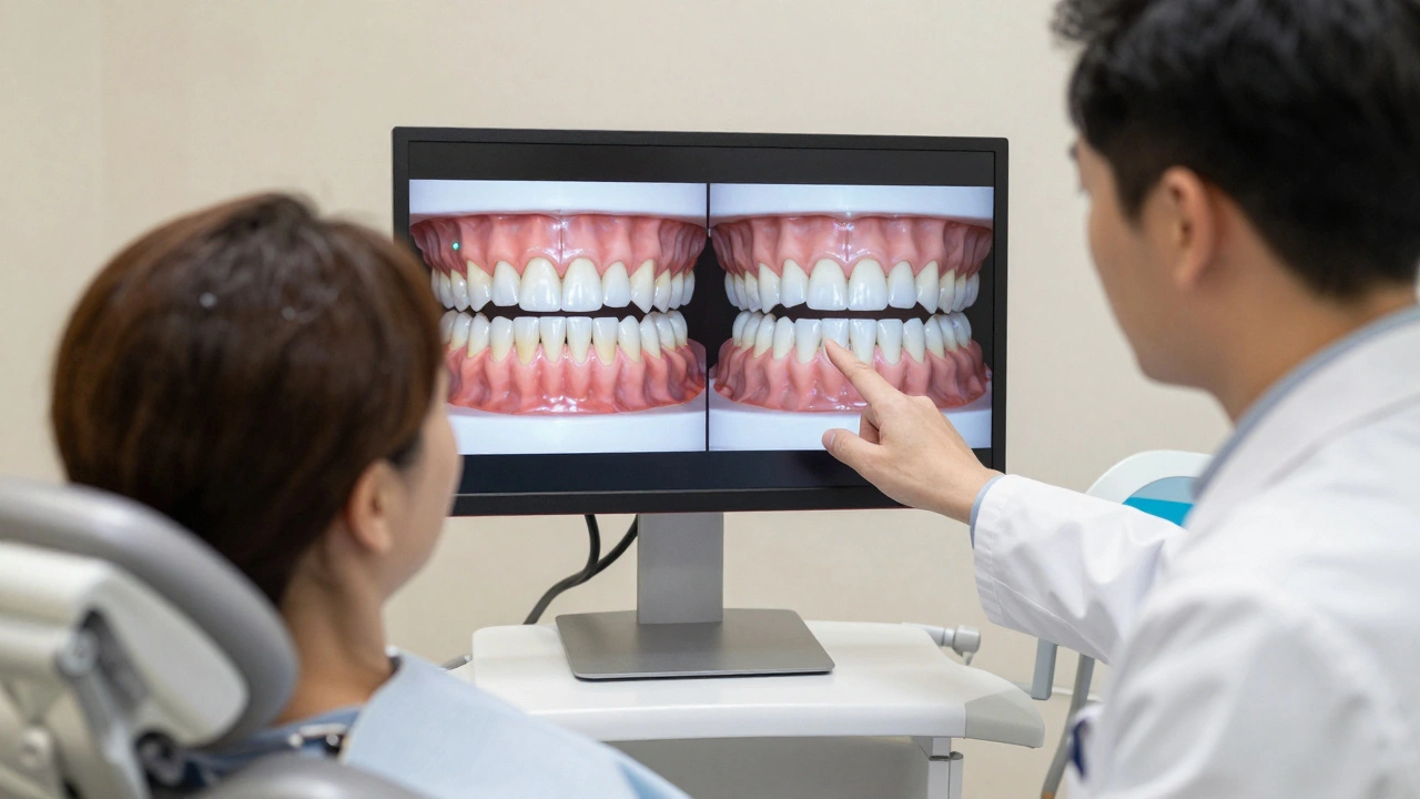 Dentist ukazuje pacientce na obrazovce porovnání jejího původního a transformovaného úsměvu.
