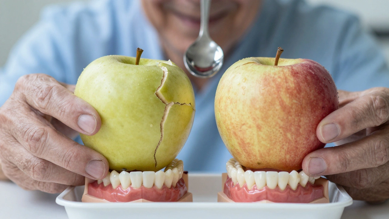 Elderly and young hands holding damaged and intact apples above a dental prosthesis.