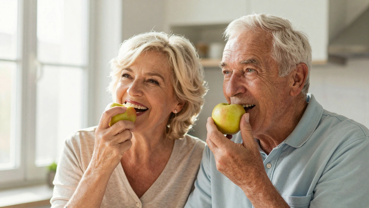 Elderly couple smiling while eating an apple, restored dental implant visible in natural smile.