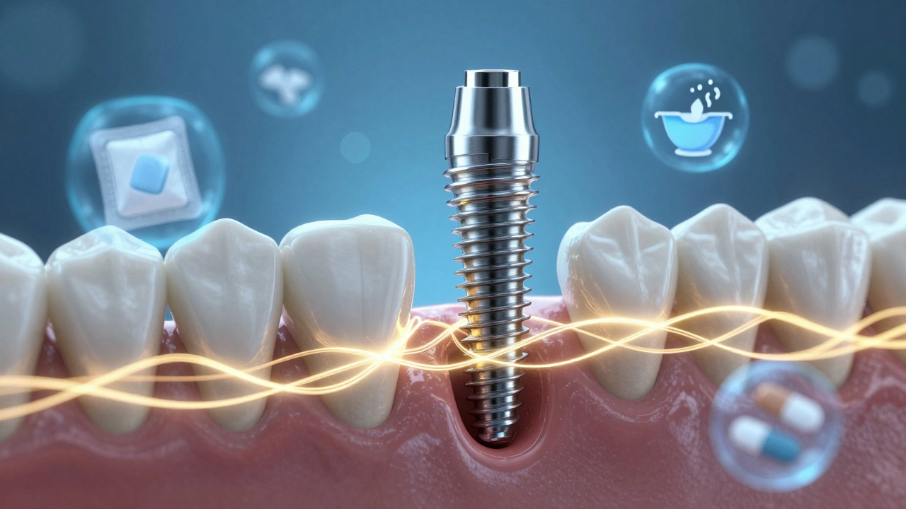 Koncepční obrázek implantátu spojujícího se s čelistí, symbolizující osteointegraci.