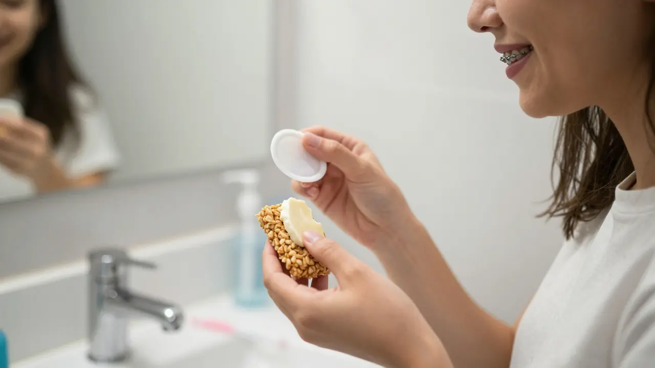 Patient holding safe snacks and orthodontic wax in front of a mirror.