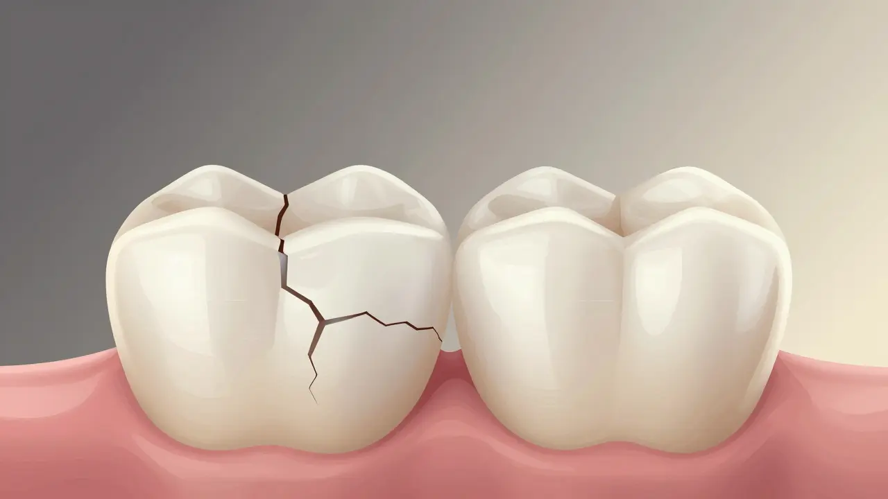 Side-by-side comparison of a damaged tooth and a restored one with composite veneer.