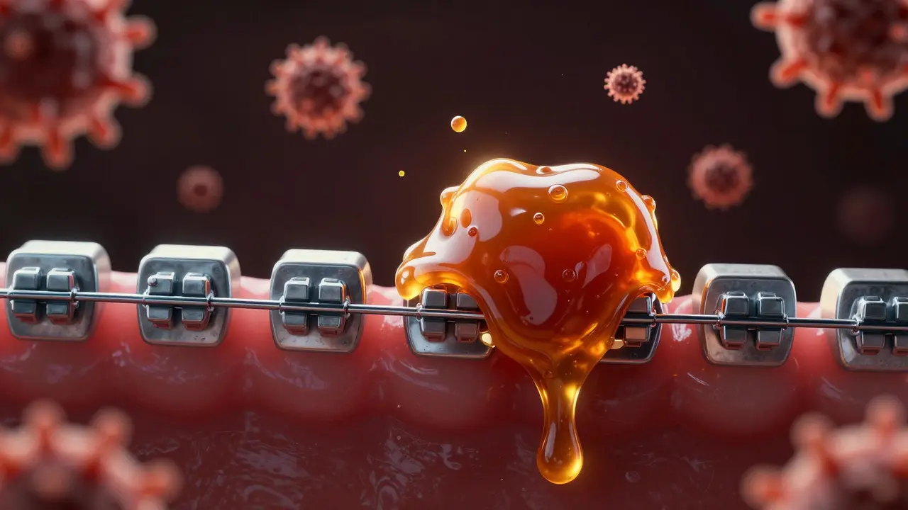 Sticky caramel stuck on braces with bacteria swirling around trapped sugar.