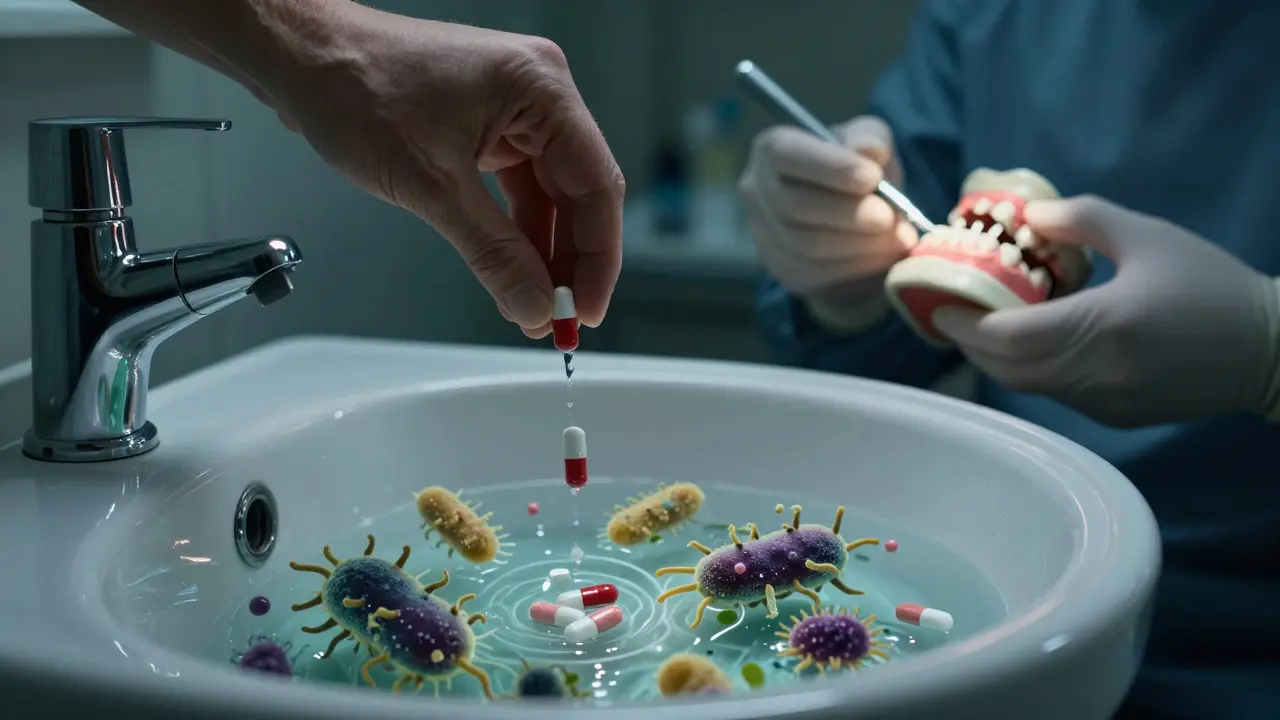 Antibiotika jsou vylivány do sinku, zatímco zubní lékař léčí zub.