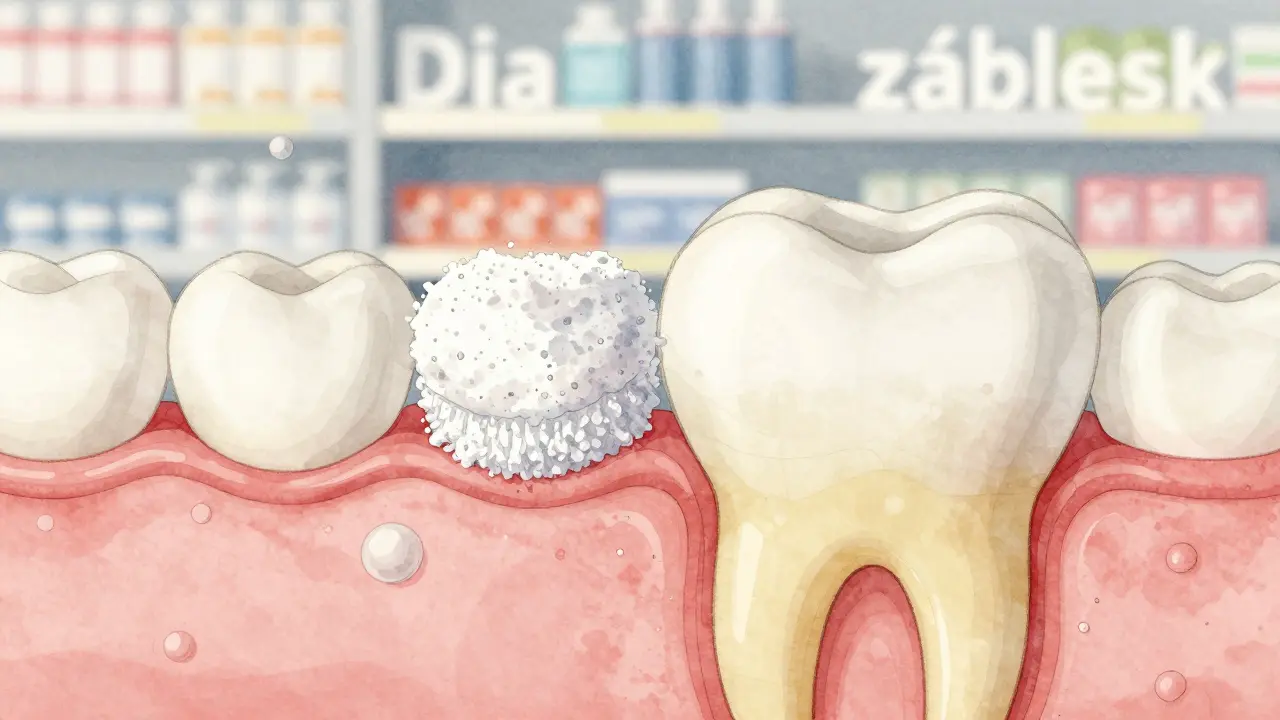 Průřez zubu s abrazivními částicemi na povrchu a žlutým dentinem níže.