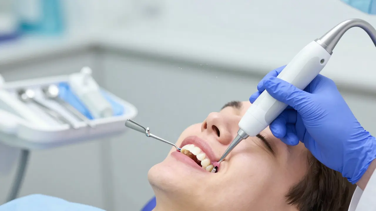 Zubní hygienik odstraňuje zubní kámen ultrazvukovým skrabačem.