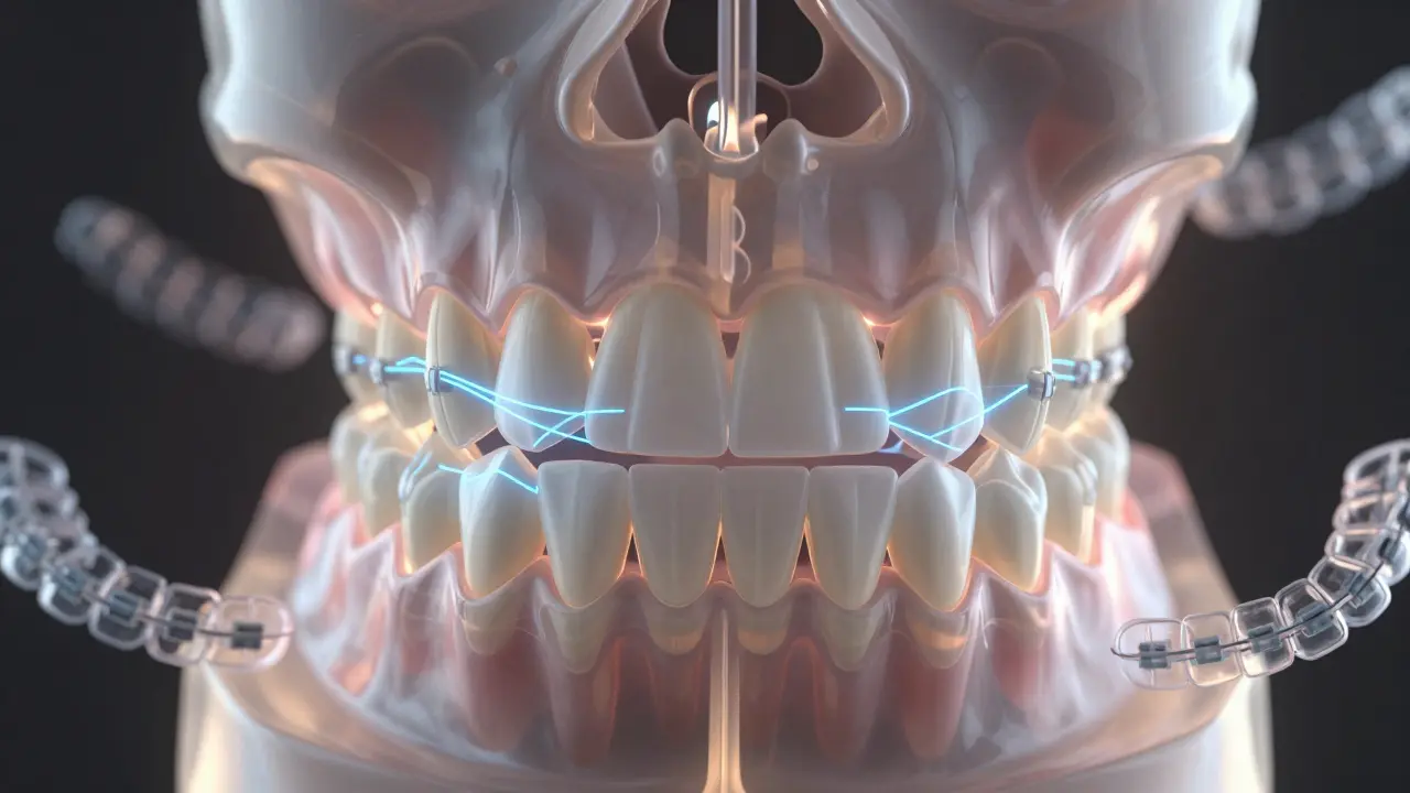Průhledný 3D model čelisti s vyznačenými neviditelnými vadami zubního řešení.