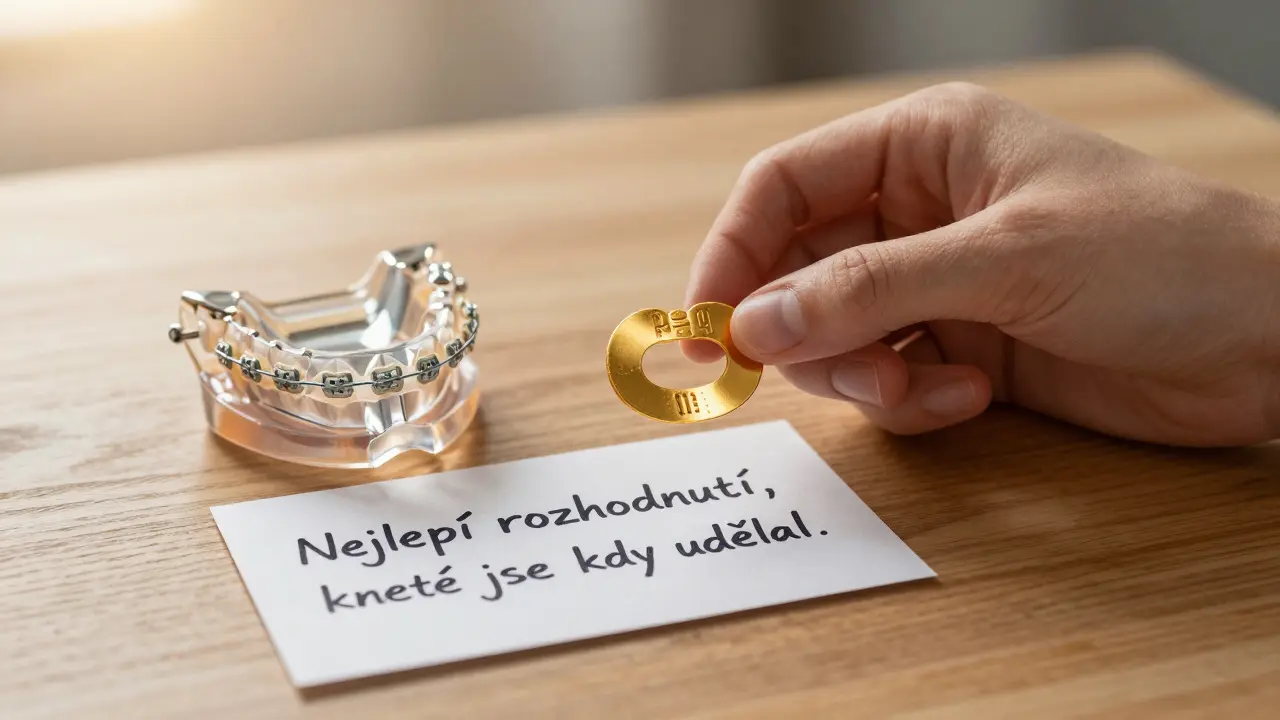 Rukou držená zlatá gumka a sundaná rovnátka na dřevěném stole s notou o hrdosti.