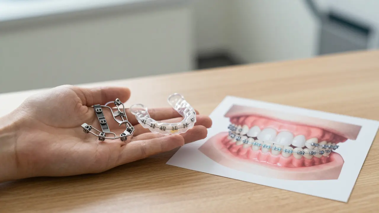 Různé typy ortodontických aparátů uspořádané vedle 3D skenu zubů.