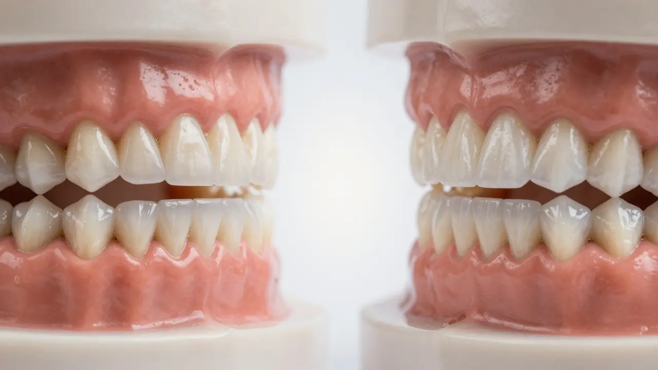 Side-by-side comparison of damaged teeth and restored teeth with translucent veneers.