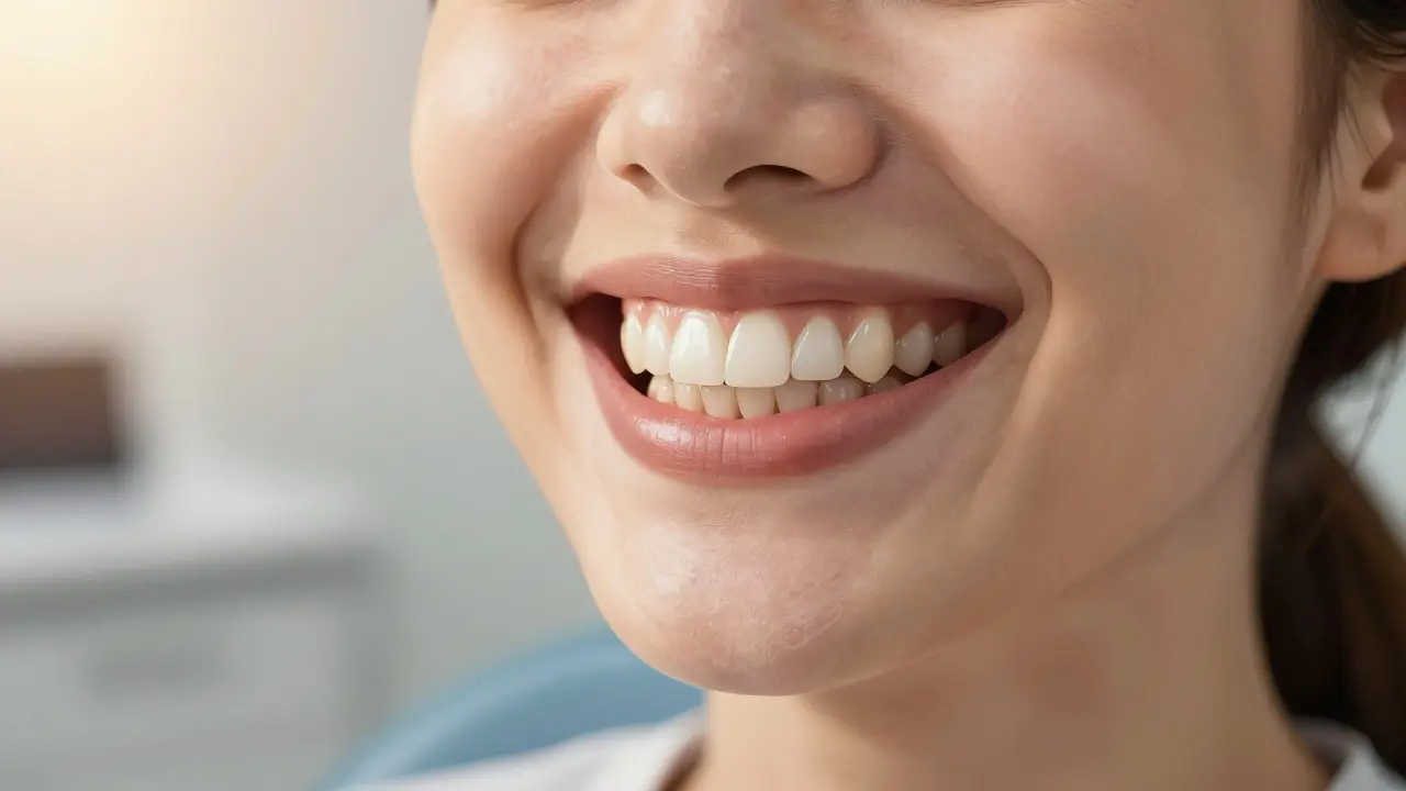 Woman smiling confidently with naturally glowing teeth enhanced by porcelain veneers.