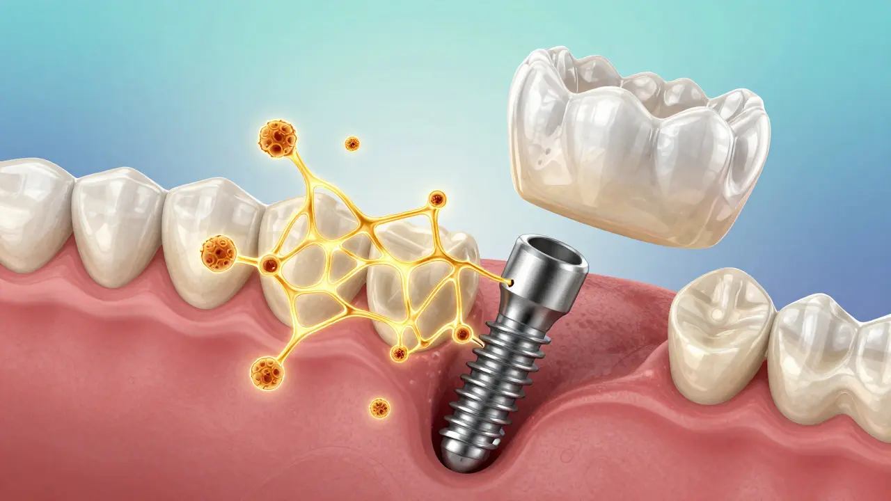 Biologický proces osteointegrace: titanový implantát s nově vytvářenou kostní tkání kolem něj.