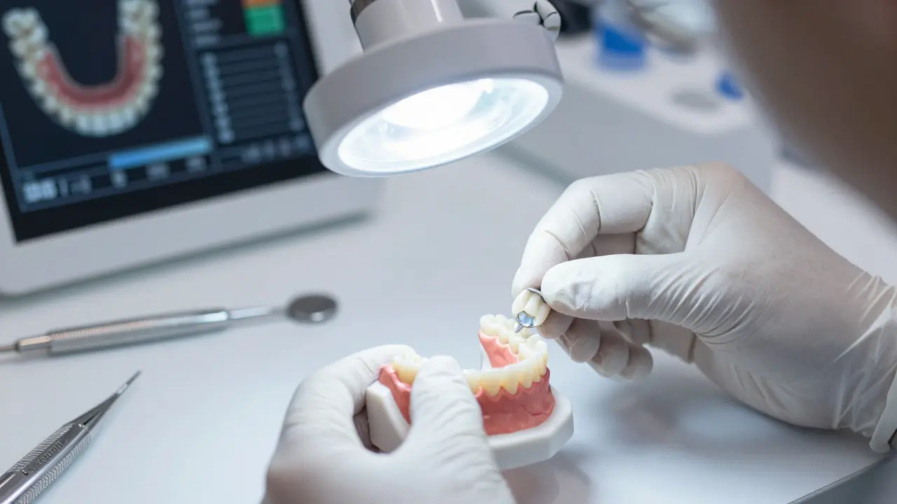 Dentální technik přesně umísťuje keramickou fazetu na zubní model.