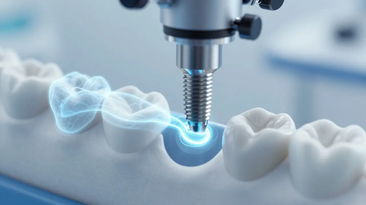 Detailní zobrazení zubní implantace, jak se integruje do kosti čelisti s digitálním přehledem hojení.
