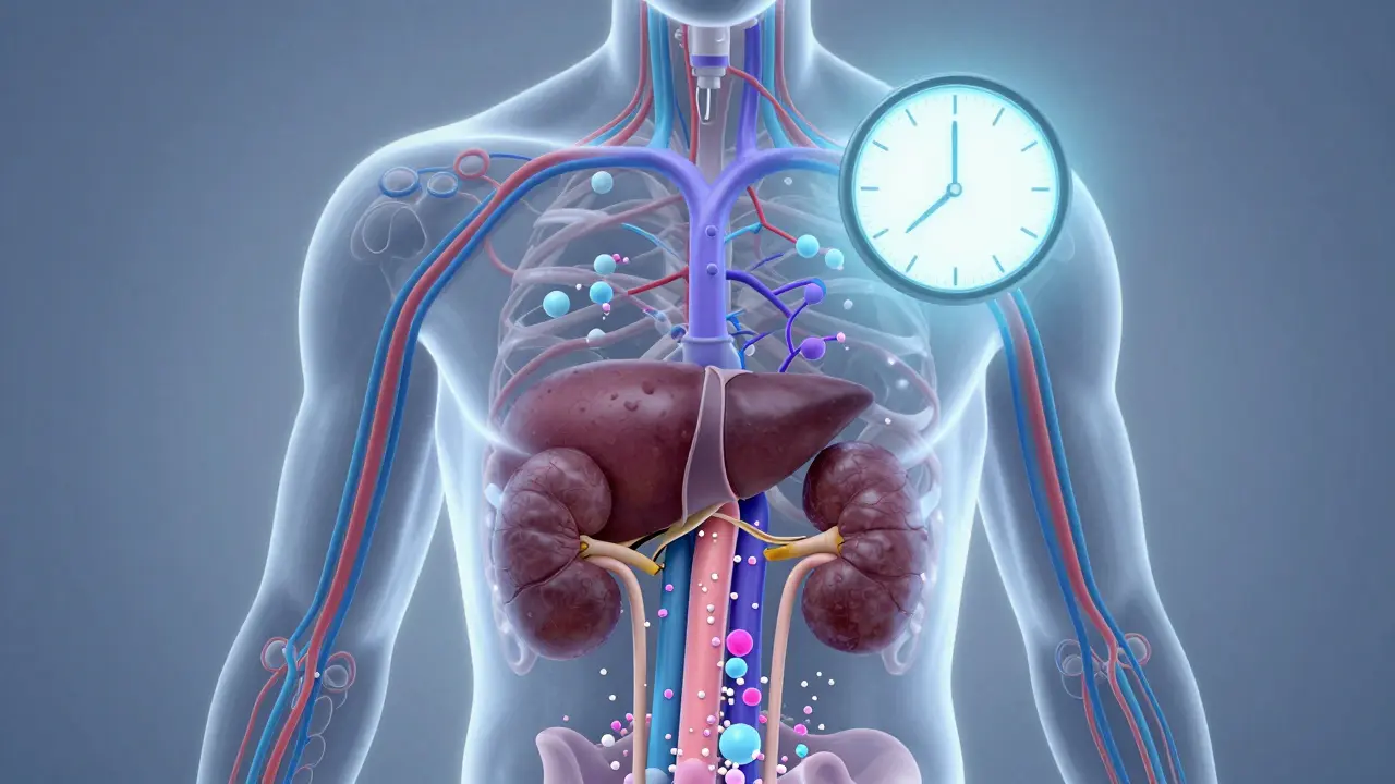 Transparentní ilustrace těla s metabolismem anestetika v játrech a ledvinách.