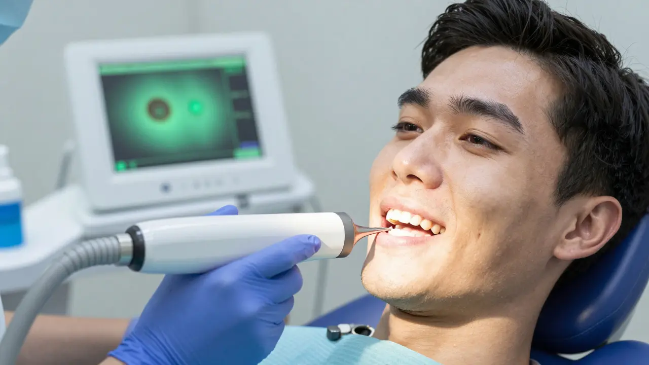 Zubní lékař používá laserové zařízení k detekci skrytého kariésu bez bolesti.