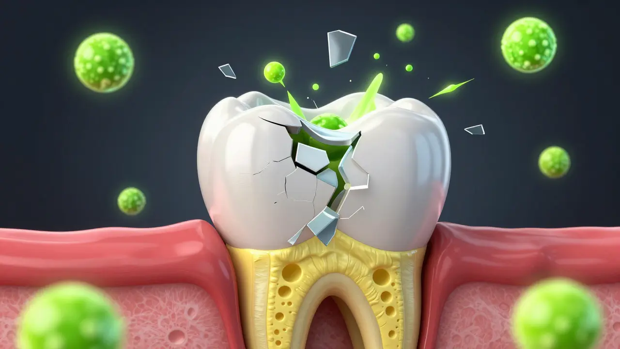 3D ilustrace zubu znázornující proces eroze skloviny a odhalení žlutého dentinu.
