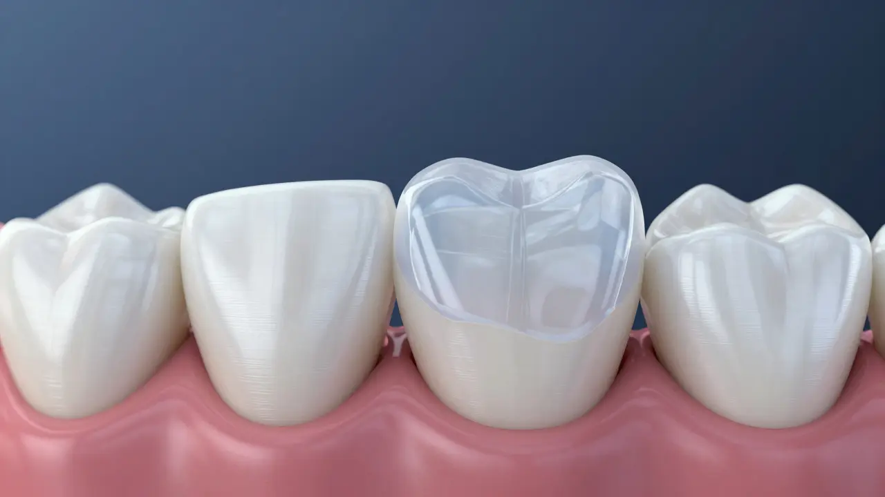 3D vizualizace aplikace tenkého keramického plastečku na šikmý zub.