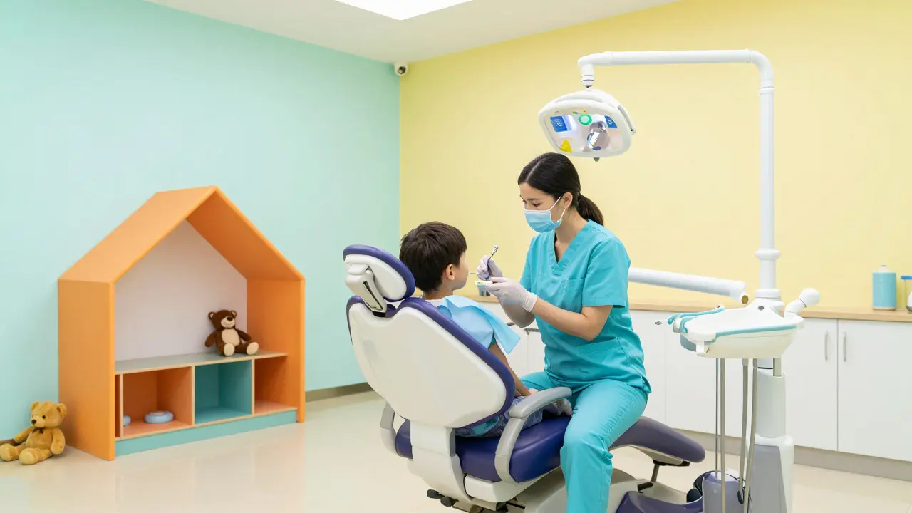 Barevná dětská zubní ordinace s hračkami a přátelským dentistou vysvětlujícími zrcátko.