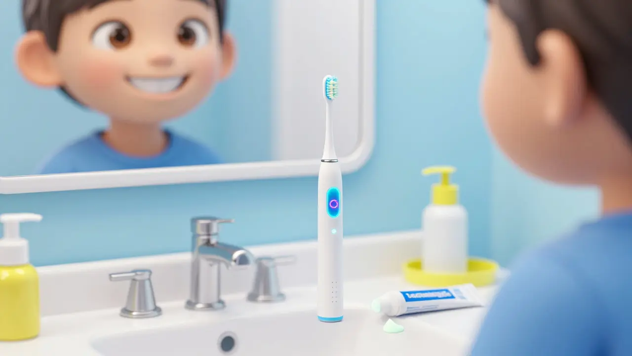 Dítě se usmívá do zrcadla v koupelně vedle elektrického kartáčku a toothpaste.