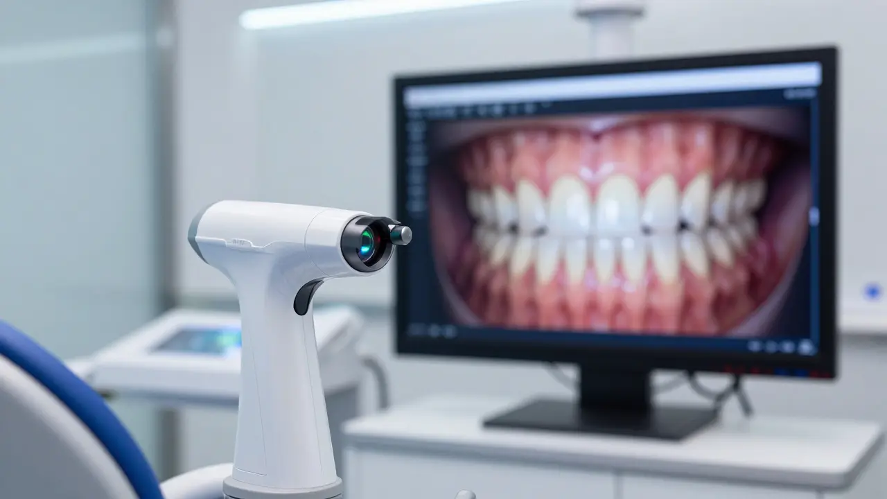Moderní zubní klinika s digitálním skenerem a 3D simulací úsměvu na monitoru.