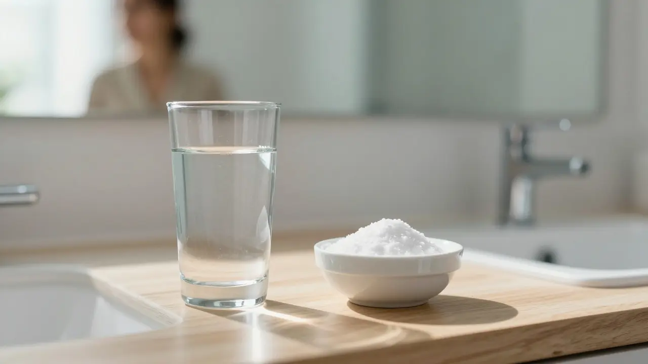 Sklenice vody a jedlá soda v koupelně jako symbol neutralizace kyselin.