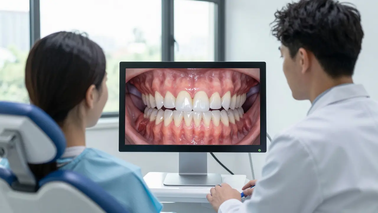 Zubní lékař ukazuje pacientovi digitální plán úsměvu na monitoru v moderní klinice.