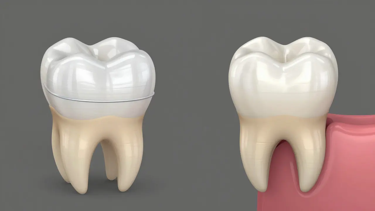 3D ilustrace porovnávající tenkou zubní fazetu s korunou a zachováním zubní hmoty.