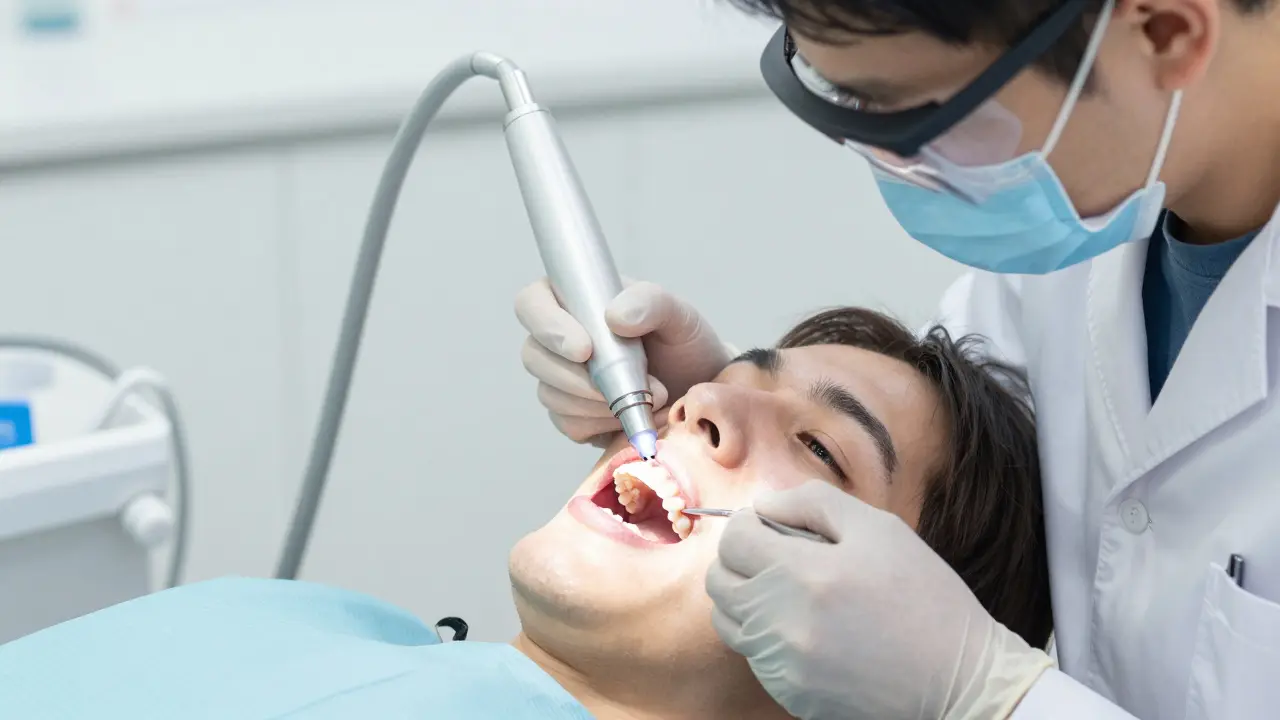 Dentista aplikuje keramickou fazetu na zub pacienta pomocí světla