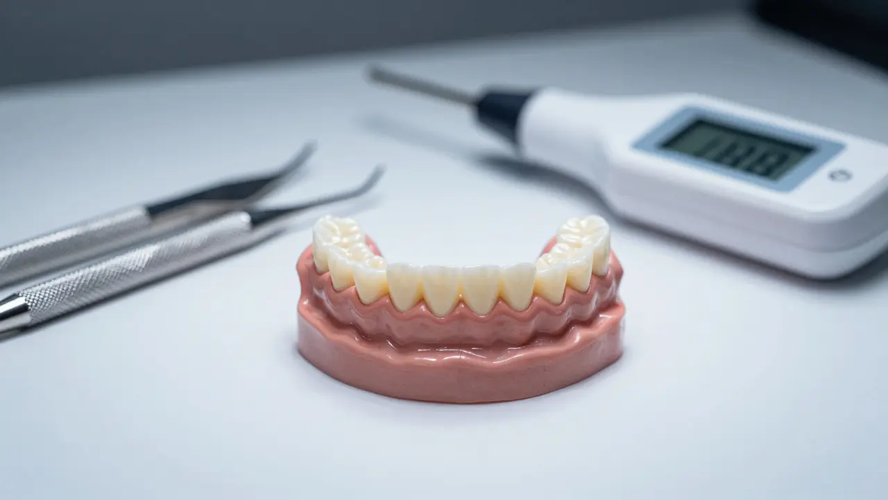 Detailní záběr keramického zubního mostu a moderních stomatologických nástrojů.