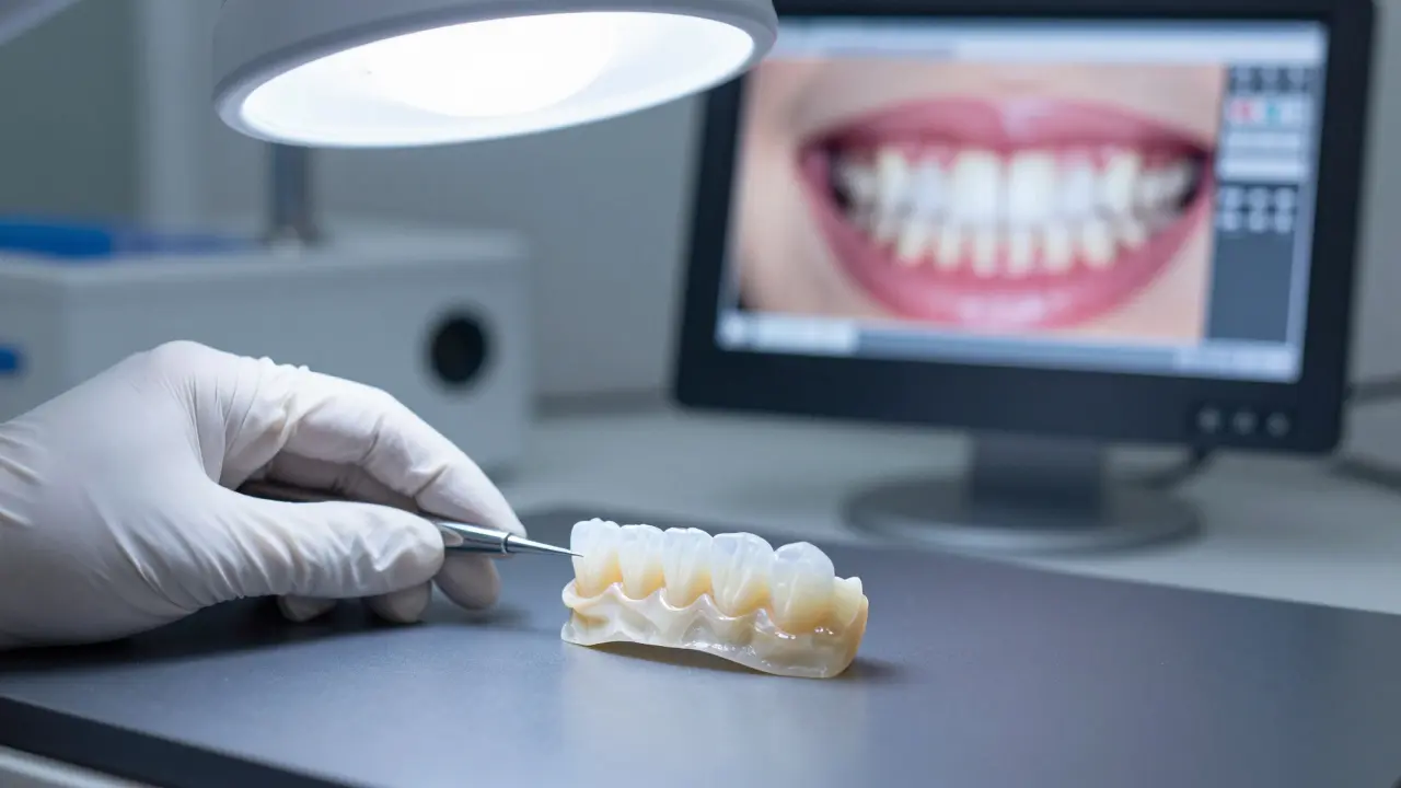 Technik vyrábí keramický veneer v moderní zubní laboratoři
