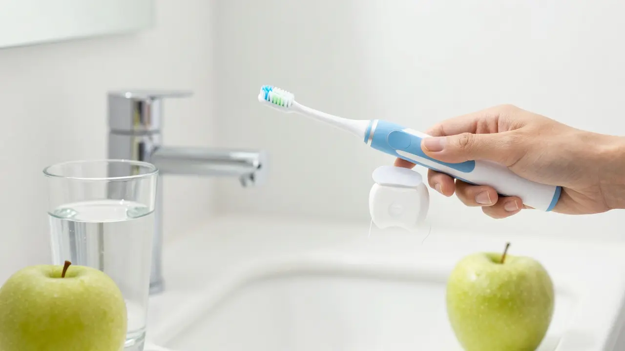 Zubní kartáček a nit pro prevenci tvorby zubního plaku