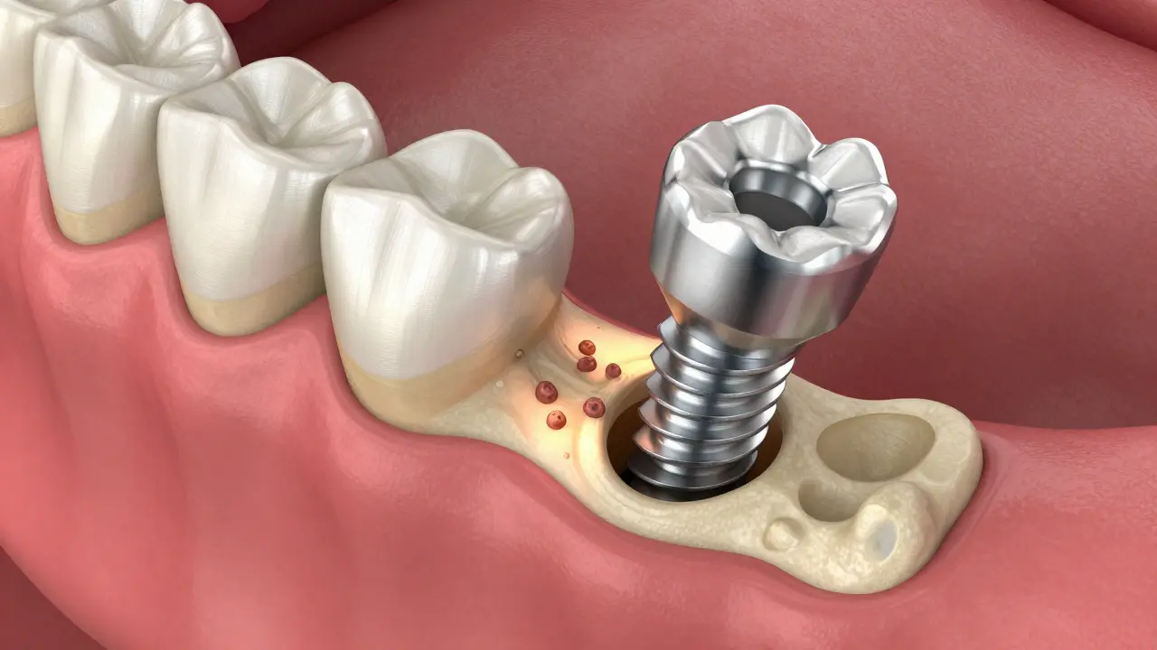 3D ilustrace osifikace: kostní buňky rostoucí kolem implantátu v čelisti
