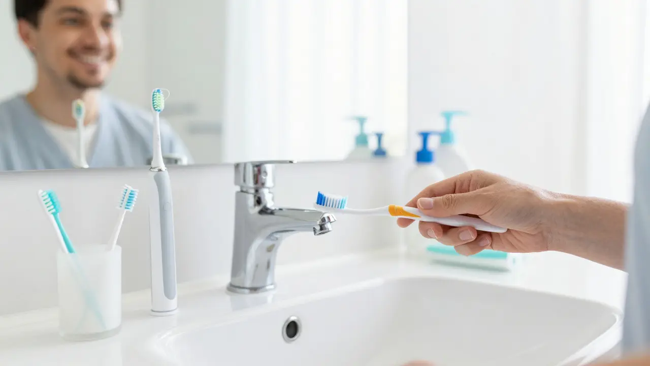 Čistá koupelna s nástroji pro ústní hygienu a zdravý úsměv v pozadí
