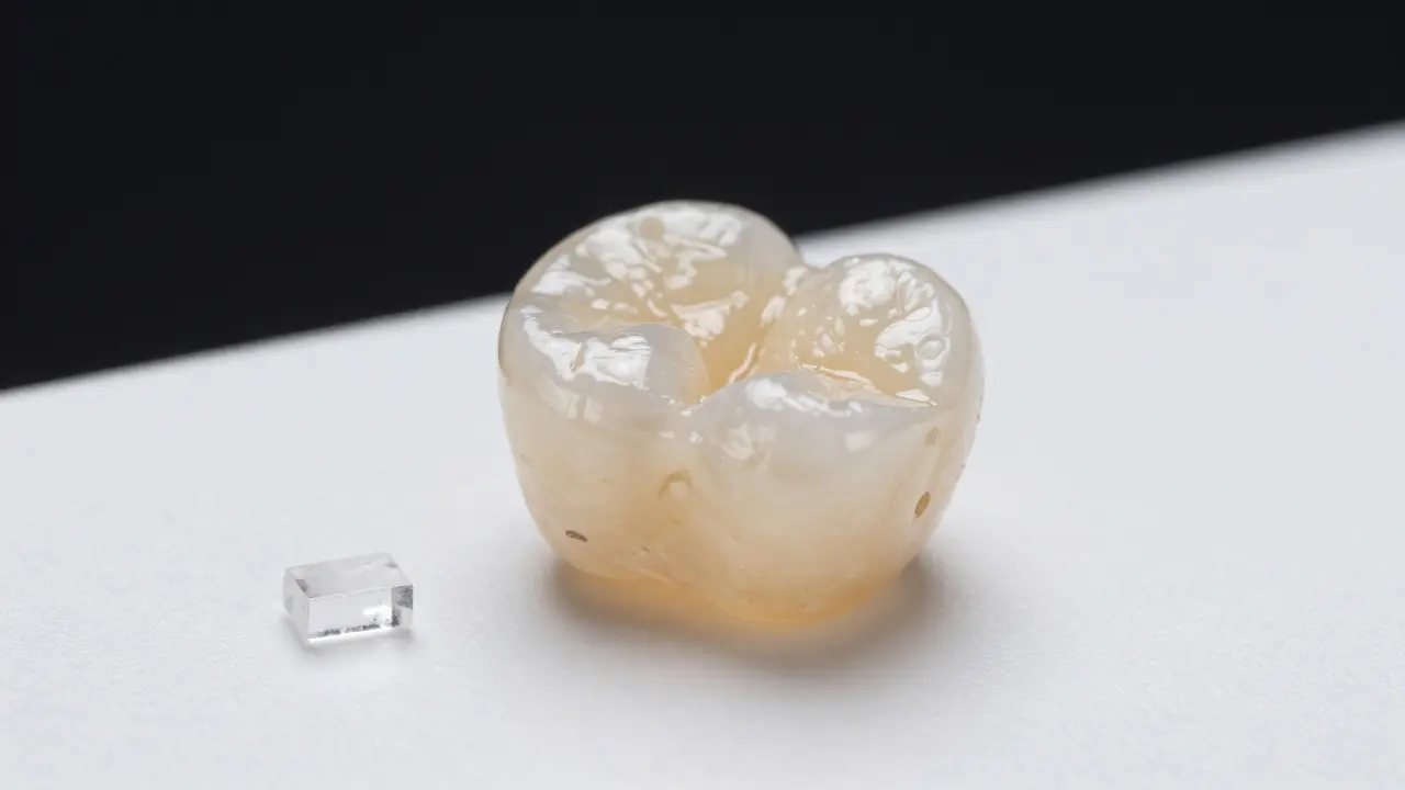Průsvitná keramická korunka e-max na bílém pozadí laboratoře