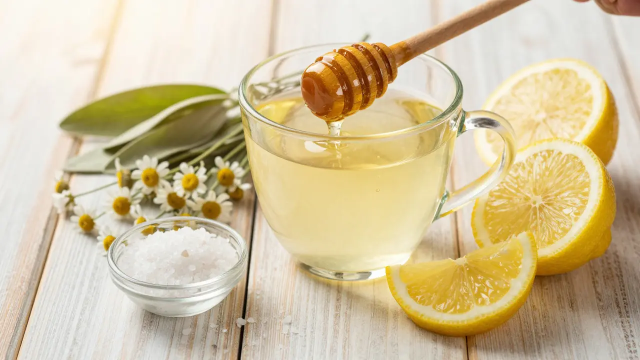 Domední léky: med, citron, sůl a bylinky na dřevěném stole