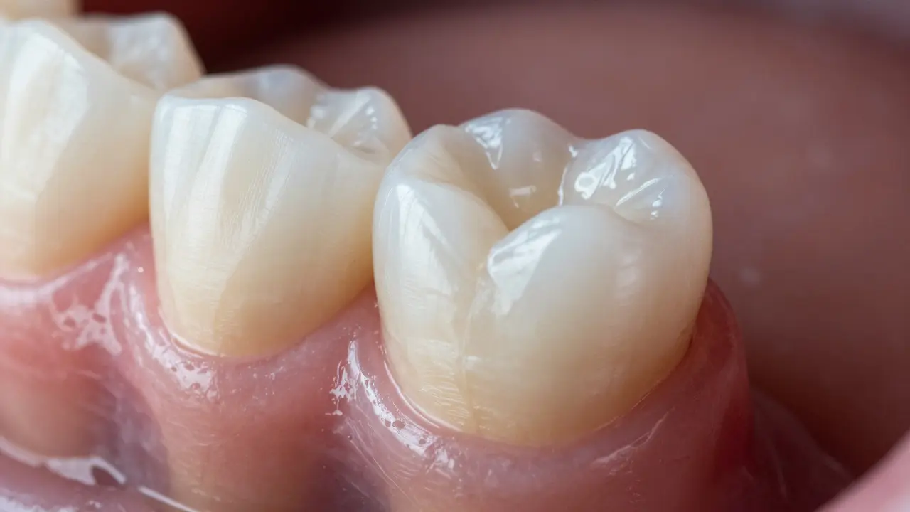 Záběr na přechod mezi korunou zubu a dásní s důrazem na hygienu