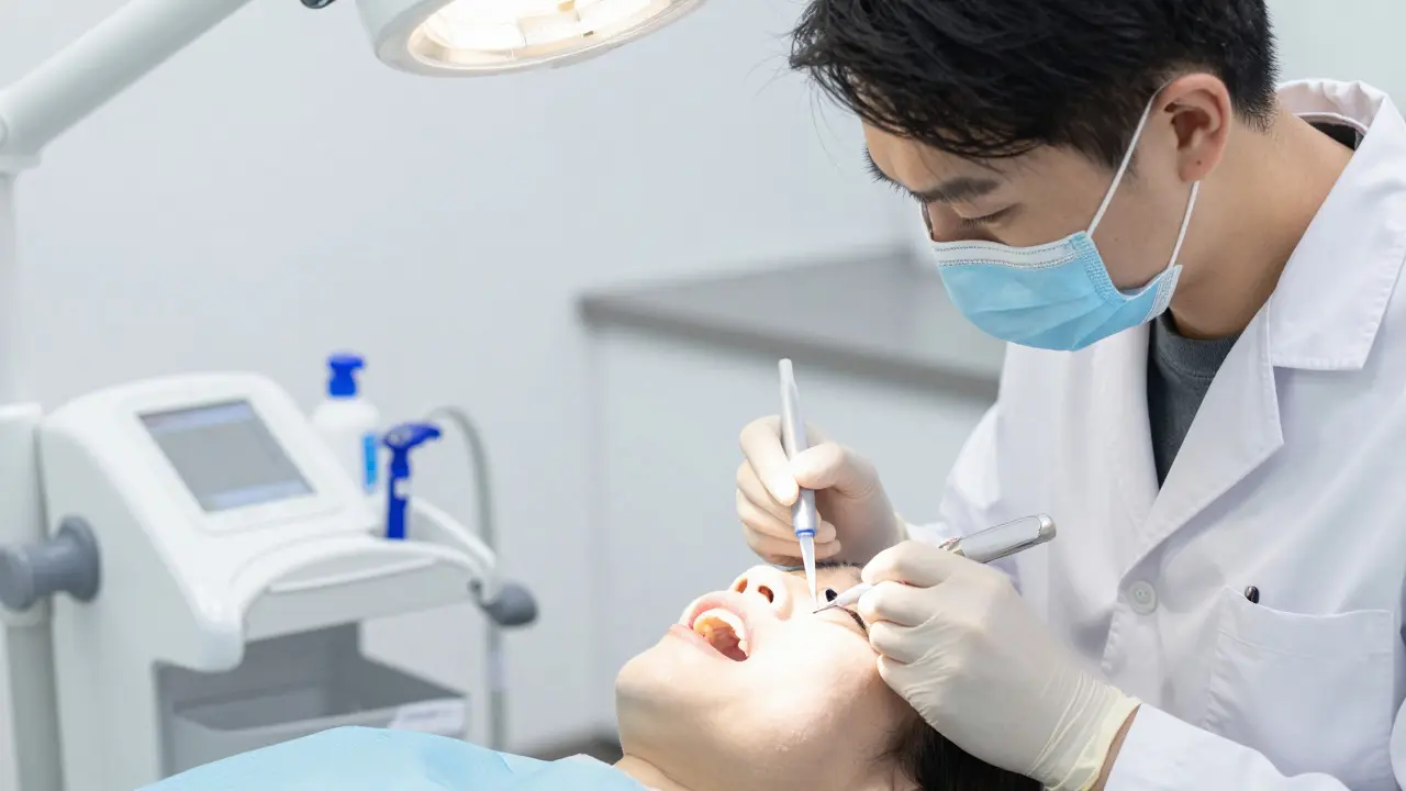 Close-up view of a professional teeth whitening treatment being applied by a dentist in a modern clinic environment.