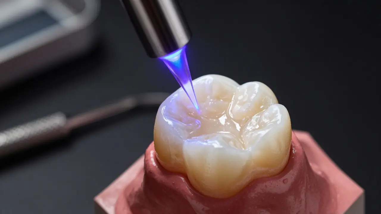 Curing light hardening composite material on a tooth model