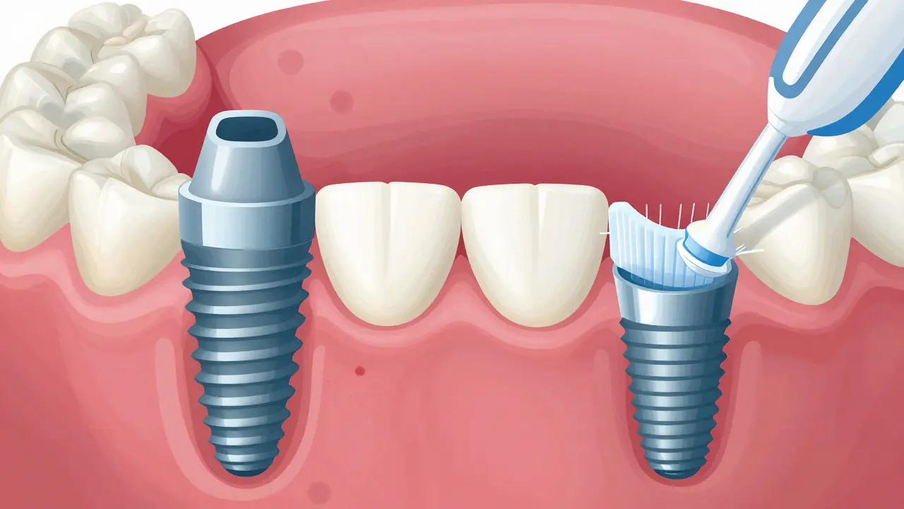 Ilustrace srovnávající zánět dásní kolem implantátu s čistým a zdravým stavem