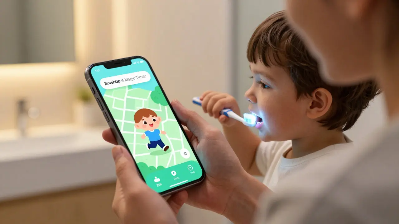 Malé dítě hraje hru na telefonu při čištění zubů