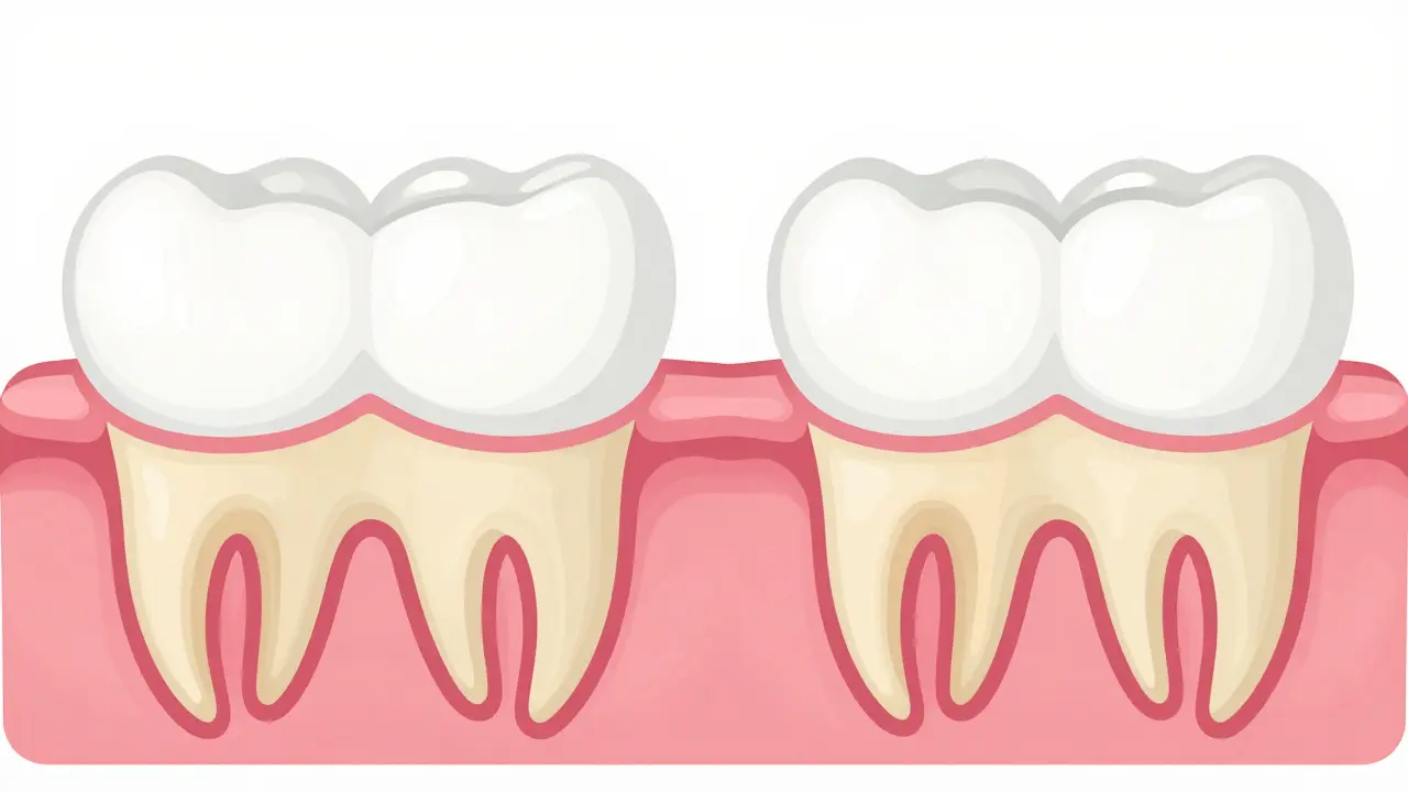 Medical illustration contrasting normal white teeth with internally discolored tetracycline teeth, showing pigment trapped in the dentin structure.