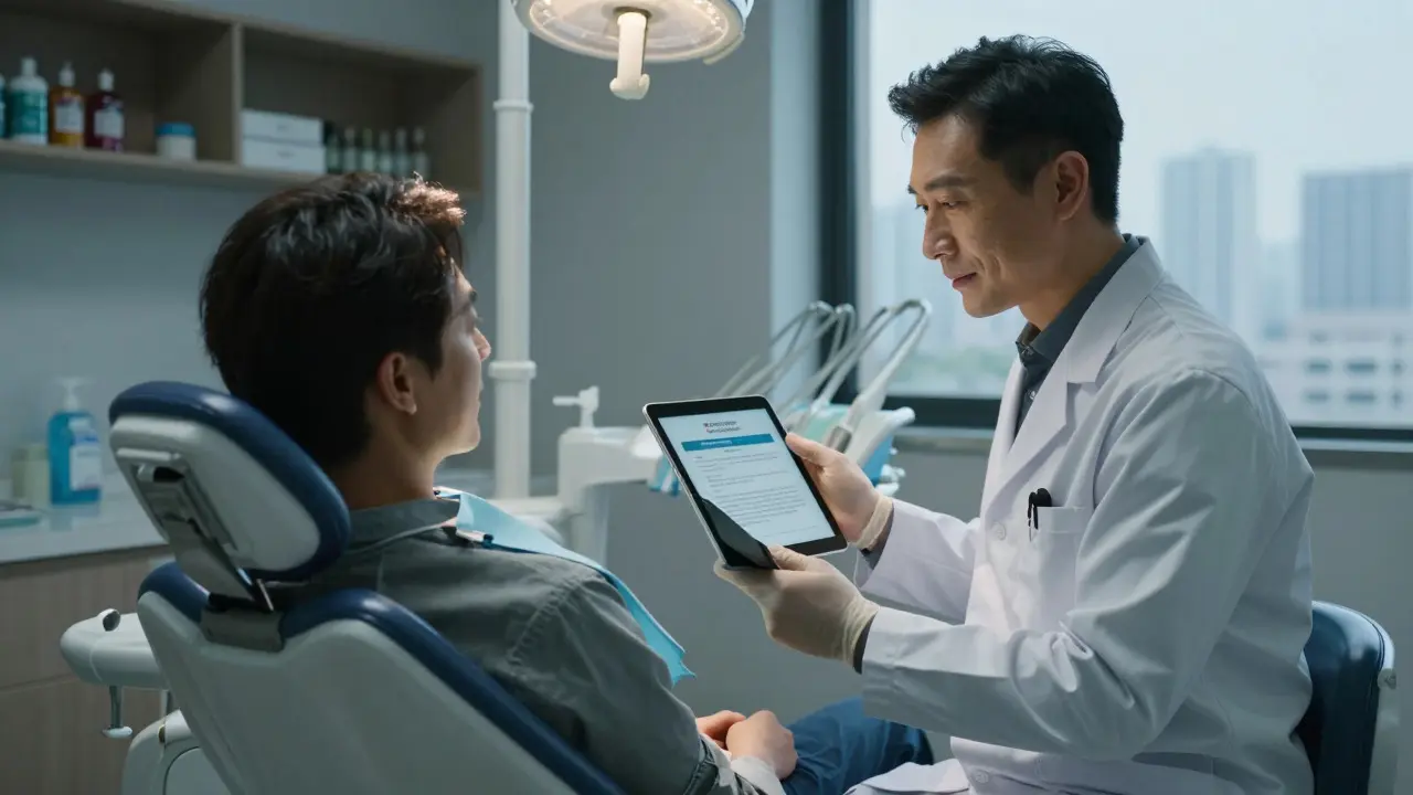 Pacient konzultující léčebný plán s dentistou na tabletu